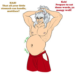 belly big_belly bloated hair male muscular muscular_male nipples not_furry_focus pecs rumbling_stomach text white_hair yellow_eyes dumdumdraws inuyasha inuyasha_(inuyasha) animal_humanoid canid canid_humanoid canine canine_humanoid humanoid mammal mammal_humanoid wolf_humanoid english_text hi_res