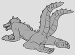 2_tails anthro anus butt grey_background looking_back lying male multi_tail nude on_front plantigrade presenting presenting_hindquarters raised_tail simple_background solo spikes tail flookz legendz dandy_(legendz) crocodile crocodilian reptile scalie monochrome