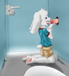 anthro bathroom bodily_fluids clothed clothing cum cum_in_mouth cum_inside detailed_background erection erection_under_clothing fur genital_fluids genitals glory_hole holding_penis kneeling_oral_position looking_pleasured male male/male pawpads penis solo_focus toilet tongue tongue_out white_body white_fur young young_anthro littlemicah kevin_snowpaw lagomorph leporid mammal rabbit 2010 hi_res