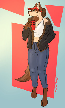 abstract_background anthro athletic athletic_female ballcap barefoot bomber_jacket bottomwear brown_body clothing coffee_cup container cup denim denim_bottomwear denim_clothing digitigrade eyewear feet female glasses hair jeans midriff pants ponytail shirt solo tail tan_body tank_top topwear wearing_glasses mangomutt luttie canid canine canis domestic_dog german_shepherd herding_dog hybrid mammal pastoral_dog wolf wolfdog hi_res