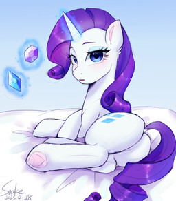 blue_eyes butt cutie_mark eyebrows eyelashes female feral gem hair hooves horn long_hair looking_at_viewer lying magic on_side open_mouth purple_hair purple_tail solo tail unicorn_horn white_body xiaowu07 friendship_is_magic hasbro my_little_pony mythology rarity_(mlp) equid equine mammal mythological_creature mythological_equine unicorn 2023 dated hi_res signature