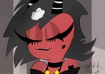 black_lips choker clothed clothing eyes_closed eyeshadow female grey_hair hair horn jewelry lips makeup markings mole_(marking) necklace not_furry red_body red_skin smile solo tattoo uwu ughhhvinyl helluva_boss millie_(helluva_boss) demon humanoid imp hi_res