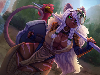 anthro armor big_breasts braided_hair breasts day dutch_angle female green_eyes hair holding_melee_weapon holding_object holding_polearm holding_shield holding_spear holding_weapon melee_weapon outside polearm shield smile solo spear unconvincing_armor water weapon weapon_on_shoulder white_hair wide_hips general-irrelevant mammal rodent 4:3 digital_media_(artwork)