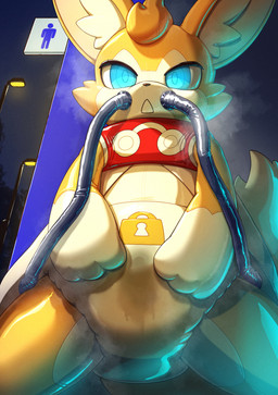 ambiguous_gender anthro biped blue_eyes bodily_fluids clean_diaper clothed clothing costume detailed_background diaper fumes genital_fluids glistening hosesuit implied_chastity lock_symbol tight_clothing unclean_diaper urine used_diaper wet_diaper wetting 996_9696 cygames world_flipper light_(world_flipper) canid canine fox mammal 2025 digital_media_(artwork) hi_res