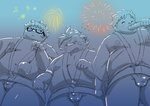 anthro asian_clothing belly bulge clothing east_asian_clothing eating eyes_closed eyewear fireworks food fundoshi glasses group happi_(clothing) humanoid_hands japanese_clothing kemono male night overweight overweight_male underwear pihii3 lifewonders tokyo_afterschool_summoners licho_(tas) ryota_(tas) ryouta_yakushimaru felid human mammal pantherine tiger 2020 hi_res