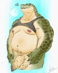 anthro balls belly bottomless bottomless_male claws clothed clothing crocodilian digital_drawing_(artwork) digital_media_(artwork) finger_claws foreskin genitals hi_res humanoid_genitalia humanoid_penis long_foreskin luna_1 male musclegut muscular muscular_anthro muscular_male navel nipples overweight overweight_male penis raised_clothing raised_shirt raised_tank_top raised_topwear reptile scalie shirt signature simple_background solo standing tank_top teeth topwear white_background