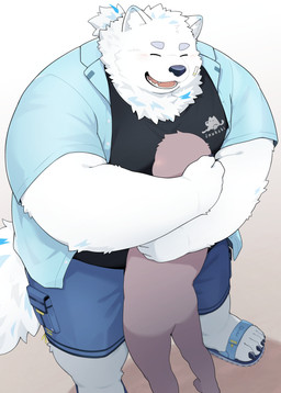 anthro black_nose bottomwear clothing duo fur hug kemono male overweight overweight_male shirt shorts size_difference topwear white_body white_fur noctnoc lifewonders live_a_hero yohack canid canine canis domestic_dog mammal 2026 absurd_res hi_res