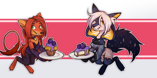 ambiguous_gender anthro biped blueberry_(fruit) cake cheesecake chibi cupcake dessert duo female fluffy food fruit holding_object holding_plate looking_at_viewer plant plate snake_hood sweets lonerdemiurge canid canine cobra mammal reptile scalie snake absurd_res hi_res