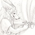 anthro areola big_ears breasts curtains_open exposed_breasts female hair long_hair nipples plant smile solo wrinkles cadmiumtea canid canine fox mammal hi_res traditional_media_(artwork)