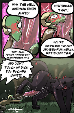 anthro ass_to_mouth bestiality big_penis black_body black_fur blush bodily_fluids clothing cum dialogue duo female female_on_feral feral fur genital_fluids genitals horn hugging_penis licking male male/female oral penile penis penis_lick profanity sex size_difference speech_bubble tail text tongue brradett lernie_(brradett) canid canine mammal scalie absurd_res comic english_text hi_res