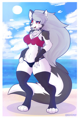 anthro beach bikini bikini_bottom bikini_top breasts clothing cloud collar female fur grey_body grey_fur grey_hair hair open_mouth red_sclera sea sky skyscape solo spiked_collar spikes sun swimwear thick_thighs two-piece_swimsuit water white_body white_fur korick17 hellaverse helluva_boss mythology loona_(helluva_boss) canid canid_demon canine canis demon hellhound mammal mythological_canine mythological_creature hi_res