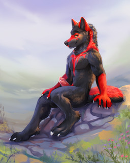 animal_genitalia animal_penis anthro arm_support black_body black_eyebrows black_fur black_nose canine_genitalia canine_penis claws erection eyebrows fingers fur genitals grass hand_on_knee hand_on_leg looking_at_viewer male multicolored_body multicolored_fur nude outside paws penis pink_penis plant red_body red_fur side_view sitting sky smile solo two_tone_body two_tone_fur white_claws yellow_eyes kinsheph canid canine canis mammal wolf hi_res