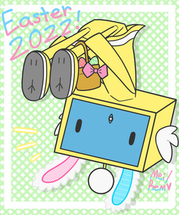 basket bent_over clothing container dotted_background dress easter_basket egg fake_ears fake_rabbit_ears feet female for_a_head green_background holidays machine pattern_background simple_background solo text yellow_body yellow_clothing yellow_dress remloww and-kensaku easter nintendo mysterious_pyoko avian bird robot 5:6 english_text hi_res