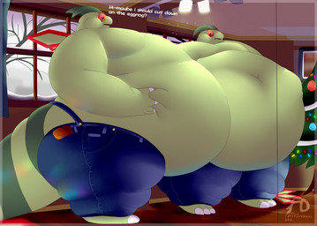 belly big_belly bottomwear clothing denim denim_bottomwear denim_clothing eggnog holding_belly holidays huge_belly hyper hyper_belly inside jeans looking_at_mirror looking_at_object male mirror overweight overweight_male pants solo tail weight_gain fattydragonite christmas nintendo pokemon flygon generation_3_pokemon pokemon_(species)