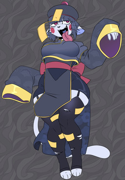 ahegao anthro blush breasts clothed clothing cute_fangs fangs female fur garter_straps hair legwear looking_pleasured medium_breasts simple_background smile solo tail teeth thick_thighs thigh_highs tongue tongue_out wide_hips astralc0de domestic_cat felid feline felis ghost mammal spirit absurd_res digital_media_(artwork) hi_res