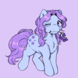 bent_legs blue_body blue_fur blue_hooves blush braided_mane chest_tuft closed_smile cutie_mark eyelashes female female_feral feral flower flower_in_mouth fur hooves light long_mane long_tail mane mouth_closed one_eye_closed plant pre-g4 purple_background purple_eyes purple_flower purple_mane purple_tail quadruped simple_background smile solo tail thin_eyebrows tuft unguligrade cabysoft hasbro mlp_g1 my_little_pony blue_belle_(mlp_g1) earth_pony equid equine horse mammal pony 1:1 2022 colored digital_drawing_(artwork) digital_media_(artwork) english_description lighting shaded