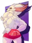 anthro biceps bottomwear clothed clothing fur male muscular muscular_anthro muscular_male shorts smile solo text topless white_body white_fur einthebusinessdeer league_of_legends riot_games tencent kled_(lol) yordle english_text hi_res