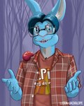 anthro blue_body blue_hair clothing eyewear flannel_shirt forest gesture glasses hair male outside pattern_clothing pattern_shirt pattern_topwear plaid plaid_clothing plaid_shirt plaid_topwear plant rectangular_glasses shirt solo t-shirt topwear tree doathejackalope lagomorph leporid mammal rabbit 4:5 digital_media_(artwork) hi_res