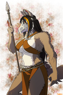 bone bone_mask bottomwear breasts clothing female hair holding_melee_weapon holding_object holding_polearm holding_spear holding_weapon loincloth looking_at_viewer mask melee_weapon midriff neolithic polearm side_boob simple_background skull skull_mask sling_bra solo spear striped_hair tooth_necklace weapon conditional_dnp ratte canid canine canis mammal wolf 2026 absurd_res hi_res signature