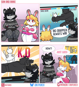 ahoge anthro big_breasts black_eyes black_hair blonde_hair border breasts cleavage clothed clothing collar dialogue dress duo eyelashes female female_anthro fur furniture grey_body grey_fur grin hair half-closed_eyes jewelry markings minidress mole_(marking) mole_on_breast mole_under_mouth narrowed_eyes necklace pink_clothing pink_collar pink_dress pink_nose playing_game red_eyes short_hair sitting skull_necklace smile sofa tail text thought_bubble white_body white_border white_fur onigiri_punch annie_(onigiri_punch) sam_(onigiri_punch) lagomorph leporid mammal procyonid rabbit raccoon absurd_res comic english_text hi_res
