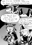 clothing dialogue duo ear_piercing emanata eyes_closed eyewear gloves goggles handwear male piercing smile speech_bubble text dragonweirdo cyberconnect2 little_tail_bronx solatorobo elh_melizee red_savarin canid caninu felid felineko mammal absurd_res comic english_text hi_res