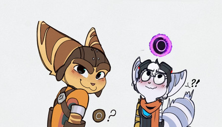 anthro blush button_prompt circle_button cybernetic_arm cybernetic_limb duo eyewear eyewear_on_head female fur goggles goggles_on_head hair interrobang male male/female markings question_mark ring_(marking) ringed_tail scarf striped_markings striped_tail stripes tail tail_markings white_body white_fur white_hair yellow_body yellow_fur time_fluffy500 circle_prompt_(god_of_war) god_of_war playstation ratchet_and_clank sony_corporation sony_interactive_entertainment ratchet_(ratchet_and_clank) rivet_(ratchet_and_clank) lombax mammal 7:4