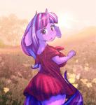 alternate_hairstyle anthro anthrofied big_breasts blush breasts butt clothed clothing cutie_mark dress exposure_variation eyebrows eyelashes female field floppy_ears flower hair horn looking_at_viewer looking_back meadow multicolored_hair open_mouth plant purple_eyes purple_hair rear_view side_boob sky solo standing thick_thighs tongue tree two_tone_hair young woofarin friendship_is_magic hasbro my_little_pony mythology starlight_glimmer_(mlp) equid equine mammal mythological_creature mythological_equine unicorn 2018 hi_res portrait signature three-quarter_portrait