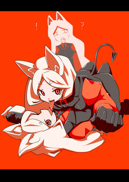 black_bars bottomwear breast_squish breasts breasts_frottage butt clothing exclamation_point eyebrows female female_on_bottom female_on_top french_kissing group hair hand_holding kissing licking long_hair looking_at_viewer lying necktie on_back on_bottom on_top pants question_mark red_background red_eyes selfcest shirt simple_background spade_tail square_crossover squish tail teeth tongue tongue_out topwear vest white_body white_eyebrows white_hair white_skin jinkou-kuu helltaker cerberus_(helltaker) animal_humanoid canid canid_humanoid canine canine_humanoid demon demon_humanoid dog_humanoid humanoid mammal mammal_humanoid absurd_res hi_res