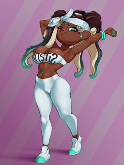 accessory big_breasts bra breasts camel_toe cleavage clothed clothing female headband huge_breasts leggings legwear navel navel_piercing not_furry one_eye_closed pattern_background piercing pseudo_hair simple_background solo striped_background tentacle_hair tentacles underwear wink sleepiitreat nintendo splatoon marina_(splatoon) aquatic cephalopod humanoid mollusk octarian octoling 3:4 absurd_res hi_res