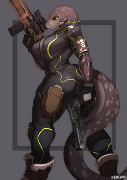 anthro big_breasts boots breasts butt butt_pose clothed clothing female footwear gun handgun holding_gun holding_object holding_ranged_weapon holding_weapon huge_breasts looking_at_viewer muscular muscular_female non-mammal_breasts pistol pose pupils ranged_weapon red_sclera rifle shoes slit_pupils solo trigger_discipline weapon yellow_eyes pgm300 khala_(unstopable344) komodo_dragon lizard monitor_lizard reptile scalie digital_media_(artwork) hi_res shaded signature