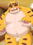 anthro balls belly blush cute_fangs eyes_closed fangs genitals humanoid_hands kemono male moobs navel nipples overweight overweight_male penis small_penis solo teeth 5groo5 puss3250 felid mammal pantherine tiger 2022 3:4 hi_res