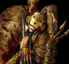 anthro apron blood blood_on_apron blood_on_clothing blood_on_face blood_on_fur blood_on_hand blue_necktie bodily_fluids brown_body brown_fur claws clenched_teeth clothing darkness empty_eyes evil_grin fur grin hunched_over light long_ears looking_at_viewer male mask necktie robot_arms simple_background smile solo stitch_(sewing) teeth unsigned yellow_mask gyroskull the_walten_files lorenzo_waterman_(the_walten_files) pumpkin_rabbit lagomorph leporid mammal rabbit 2025 half-length_portrait lighting line_art portrait shaded shaded_line_art