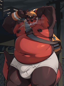 5_fingers anthro areola beanie belly big_belly big_tail black_areola black_body black_fur black_nipples black_nose blue_eyes bottomwear briefs bulge cheek_tuft clothed clothing countershading deep_navel detailed_background duffel_bag facial_tuft fingers fluffy fluffy_tail fur glistening glistening_areola glistening_belly glistening_body glistening_nipples glistening_skin hair hat headgear headwear huge_belly huge_tail kemono long_tail male mature_anthro mature_male moobs multicolored_body multicolored_fur navel night nipples open_mouth outside overweight overweight_anthro overweight_male pose red_body red_fur smile solo tail thick_thighs three-quarter_view topless tuft two_tone_body two_tone_fur two_tone_tail underwear white_body white_briefs white_clothing white_fur white_sclera white_underwear wide_hips wristband moki_(artist) canid canine canis domestic_dog mammal 2025 colored digital_drawing_(artwork) digital_media_(artwork) hi_res portrait three-quarter_portrait