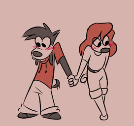 4_fingers anthro averting_eyes belt belt_buckle black_belt black_clothing black_eyes black_footwear black_hair black_nose black_shoes black_tail blush blush_lines bottomwear buckle buckteeth clothed clothed_anthro clothed_female clothed_male clothing conjoined_eyes duo eye_through_hair female female_anthro fingers footwear fully_clothed fully_clothed_anthro fully_clothed_female fully_clothed_male hair hand_holding hoodie long_hair male male/female male_anthro motion_lines orange_hair pants red_clothing red_hoodie red_topwear shoes shorts simple_background standing tail tail_motion tailwag tan_background tan_bottomwear tan_clothing tan_footwear tan_pants tan_shoes tan_shorts tan_tail teeth topwear translucent translucent_hair insert-thenewbl-here disney goof_troop max_goof roxanne_rover canid canine canis domestic_dog mammal 2025 digital_drawing_(artwork) digital_media_(artwork) english_description flat_colors