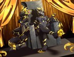 4_toes 5_fingers anthro blonde_hair duo feet fingers fur hair horn machine male nude pawpads smile toes yellow_body yellow_eyes yellow_fur yellow_pawpads fight_(artist) canid canine hybrid mammal robot 2021 digital_media_(artwork)