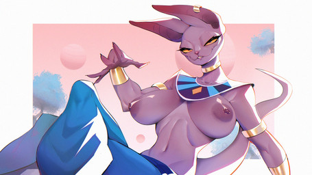 anthro areola big_breasts black_eyes blue_bottomwear blue_clothing blue_pants border bottomwear bracelet breasts choker clothed clothing crossed_legs crossgender ear_piercing eyelashes female front_view fur jewelry looking_at_viewer mtf_crossgender navel necklace nipples orange_sclera pants piercing purple_areola purple_body purple_fur purple_nipples smile solo topless white_border sachsech205 dragon_ball dragon_ball_super beerus alien domestic_cat felid feline felis mammal 16:9 hi_res widescreen