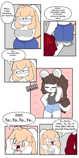 anthro blue_bottomwear blue_clothing blue_shorts blush blush_lines bodily_fluids bottomwear bra breasts brown_hair cleavage clothed clothing cross-popping_vein denim denim_bottomwear denim_clothing dialogue eyelashes eyewear female glasses grey_clothing grey_shirt grey_tank_top grey_topwear group hair jeans long_hair male navel nipple_outline pants red_hair shirt shocked short_hair shorts speech_bubble sports_bra stuttering sweat sweaty_face tail tan_hair tank_top text topwear trio underwear workout_clothing tonytoran betty_(tonytoran) tony_(tonytoran) trisha_(tonytoran) chinchilla chinchillid lagomorph leporid mammal rabbit rodent 1:2 absurd_res comic english_text hi_res