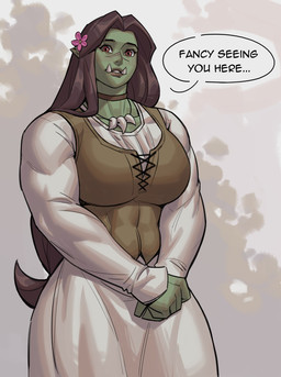 5_fingers accessory athletic athletic_female blush breasts brown_hair choker clothed clothing dress facial_scar fangs female fingers flower flower_in_hair green_body green_skin hair hair_accessory humanoid_pointy_ears jewelry long_hair muscular muscular_female necklace plant pointy_ears red_eyes scar simple_background solo speech_bubble teeth text topwear vest white_clothing white_dress m4rjinn fraeya_(m4rjinn) humanoid orc hi_res
