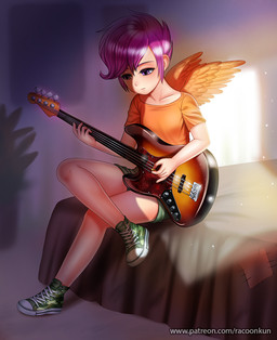 bass_guitar clothed clothing crossed_legs feathered_wings feathers female footwear guitar hair humanoidized musical_instrument not_furry orange_body orange_feathers playing_guitar playing_music plucked_string_instrument purple_eyes purple_hair shoes sitting solo string_instrument text wings racoon-kun friendship_is_magic hasbro my_little_pony scootaloo_(mlp) humanoid winged_humanoid 2017 digital_media_(artwork) url