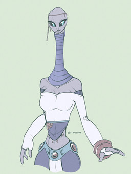 3_fingers black_sclera blue_eyes breasts clothing collarbone female fingers grey_body grey_skin long_neck midriff not_furry solo tidywire star_wars taun_we alien humanoid kaminoan 2026 hi_res