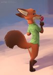 anthro barefoot black_pawpads bottomless bottomless_anthro bottomless_male claws clothed clothing feet food licking looking_at_viewer looking_back looking_back_at_viewer male outside pawpads pawpsicle paws plantigrade popsicle public shirt solo toes tongue tongue_out topwear zaush disney zootopia nick_wilde canid canine fox mammal red_fox true_fox hi_res