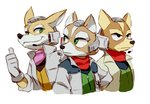 anthro clothing eye_contact gloves green_eyes group handwear jacket looking_at_another male scarf simple_background smile square_crossover topwear nemurism nintendo star_fox fox_mccloud canid canine fox mammal 2014