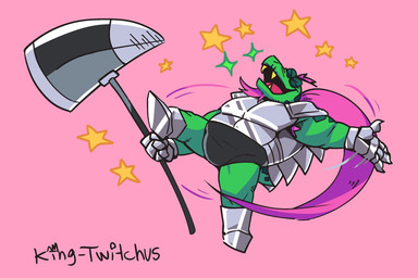 anthro armor armpit_hair body_hair briefs clothing eyebrows green_body hair hammer long_hair male mature_male pink_hair ponytail solo thick_eyebrows tools unconvincing_armor underwear king_twitchus deltarune undertale_(series) gerson gerson_boom_(deltarune) reptile scalie turtle 3:2 hi_res