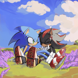 anthro blue_sky clothing cloud duo face_squish footwear grass grin male male/male on_top_of_another outside plant quills_(anatomy) shoes sky smile squish teasing triangular_ears korito sega sonic_the_hedgehog_(series) shadow_the_hedgehog sonic_the_hedgehog eulipotyphlan hedgehog mammal 1:1 hi_res painting_(artwork)
