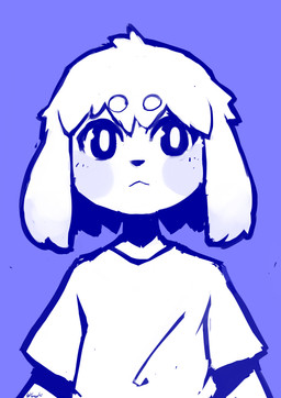 ambiguous_gender anthro blue_background clothed clothing eyebrow_through_hair eyebrows front_view hair iris pupils shirt simple_background solo topwear translucent translucent_hair white_clothing white_shirt white_topwear color_fox omori_(game) mammal 2023 absurd_res blue_and_white hi_res monochrome signature