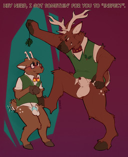 animal_genitalia anthro antlers balls bell bell_collar blue_chastity_cage blush blush_lines bottomless bottomless_anthro bottomless_male brown_body brown_fur bully chastity_cage chastity_device clothed clothing collar dominant dominant_anthro dominant_male duo eye_contact eyewear fur genitals glasses holly_(plant) horn humanoid_hands looking_at_another male nerd nub_chastity_cage plant rectangular_glasses sheath size_difference solid_chastity_cage submissive submissive_anthro submissive_male sweater sweater_vest tail tail_motion tailwag tan_body tan_fur text topwear vest wearing_chastity_cage wearing_chastity_device wearing_collar wearing_glasses white_inner_ear rhewlif mistletoe_inspector deer mammal new_world_deer reindeer 2025 digital_drawing_(artwork) digital_media_(artwork) english_description english_text hi_res