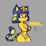anthro biped blue_body blue_ears blue_eyes blue_fur blue_hair breasts clothed clothing female fur grey_background hair looking_at_viewer markings mummy_wrappings navel simple_background skimpy solo striped_markings striped_tail stripes tail tail_markings text yellow_body yellow_fur sakanagashima animal_crossing nintendo ankha_(animal_crossing) domestic_cat felid feline felis mammal 1:1 2021