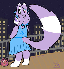 ambiguous_gender anthro balcony bigender_pride_colors bisexual_pride_colors city cityscape clothing dress eyewear forehead_gem gem glasses glowing glowing_eyes highlights_(coloring) lgbt_pride markings night pride_colors purse runes semi-anthro smile solo striped_markings striped_tail stripes tail tail_markings lilacmonarch lilac_solana_(lilacmonarch) canid canine clairuppeli fox mammal hi_res bigender_(lore) nonbinary_(lore) trans_(lore)