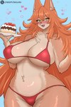 anthro big_breasts bikini blush breasts cake clothed clothing curvy_figure dessert female female_anthro food fruit fur green_eyes hair huge_breasts kemono looking_at_viewer open_mouth orange_body orange_fur orange_hair plant simple_background smile solo strawberry swimwear thick_thighs two-piece_swimsuit wide_hips avoid_posting cherifokkusu ookami-chan_(suurin_2) canid canine canis mammal wolf absurd_res digital_media_(artwork) hi_res