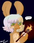 brown_body brown_fur candy dessert female fire food fur green_eyes hair marshmallow practice simple_background white_hair sosu-the-blue-wolf made_in_abyss nanachi narehate absurd_res colored digital_drawing_(artwork) digital_media_(artwork) hi_res female_(lore)